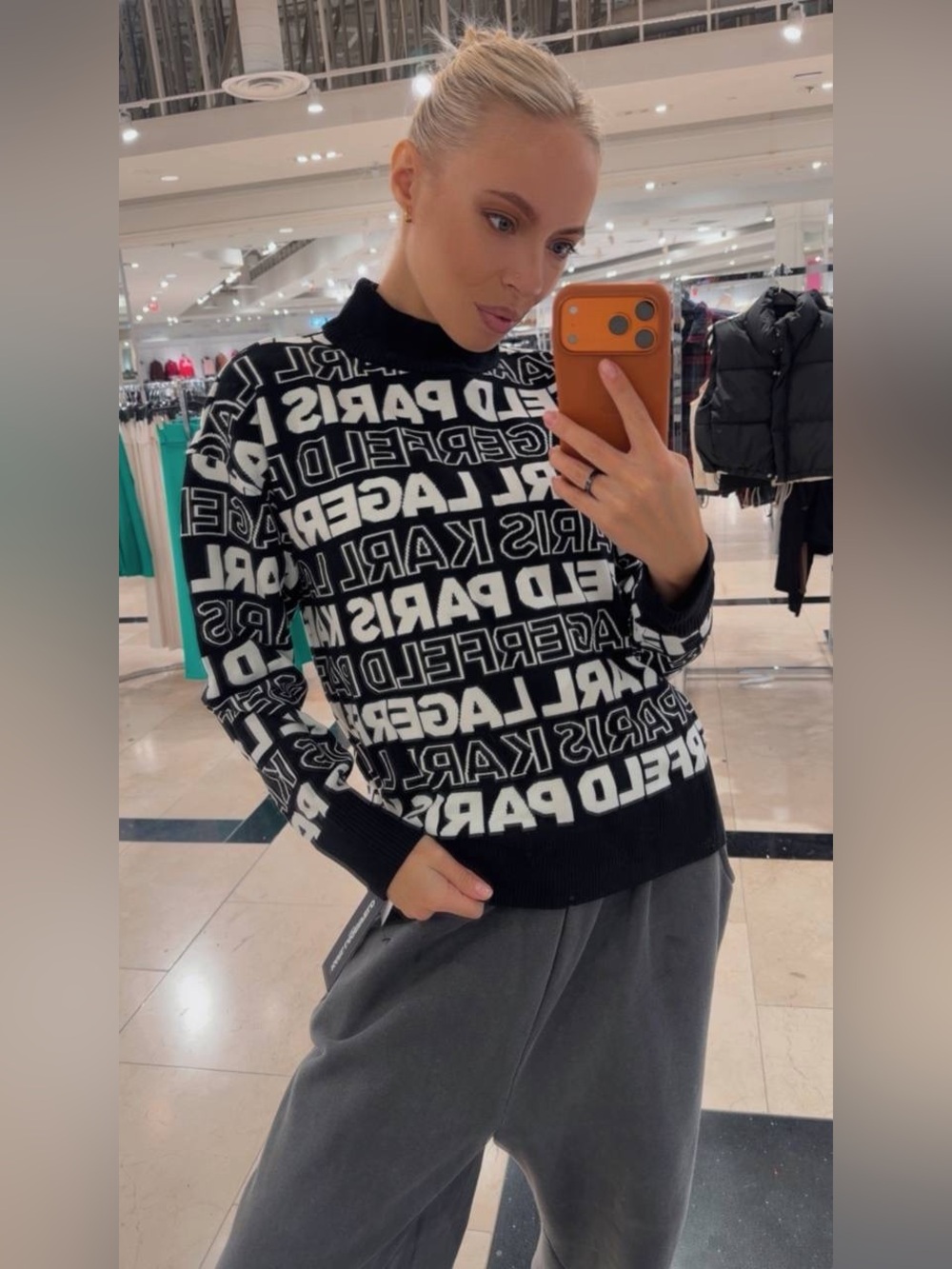 Karl Lagerfeld Paris Logo Print Sweater Black White Mock Neck Size Large NWT